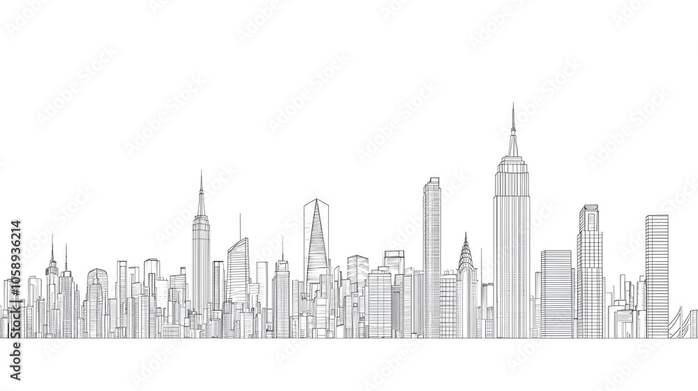 Naklejka premium Minimalist Line Drawing of Cityscape with Skyscrapers and Buildings Against White Background