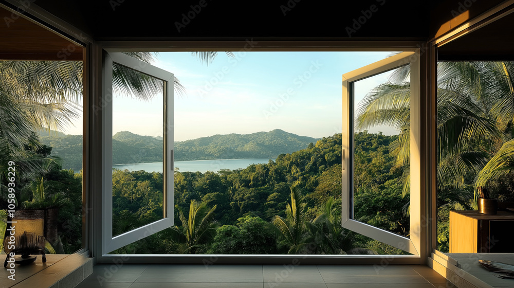 Open window view of lush green tropical forest with palm trees and distant mountains, creating a serene and natural landscape scene Open window view of lush green tropical forest with palm trees and distant mountains, creating a serene and natural landscape scene