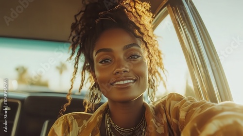 A sunlit woman with beaded locs and a radiant smile in a warm setting, exuding natural beauty, warmth, and a connection to freedom and nature’s bounty. photo