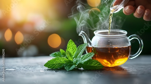 Elegant 1970s inspired shot of a hand pouring herbal tea with mint leaves placed beside and dreamy bokeh lighting and golden glow adding a warm soothing atmosphere photo