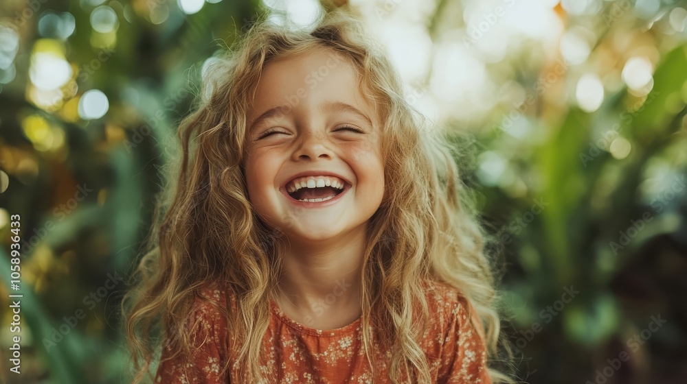 A sunlit portrait capturing a joyful child with blonde curvy hair laughing heartily outside, surrounded by lush greenery, epitomizing carefree childhood innocence. A sunlit portrait capturing a joyful child with blonde curvy hair laughing heartily outside, surrounded by lush greenery, epitomizing carefree childhood innocence.