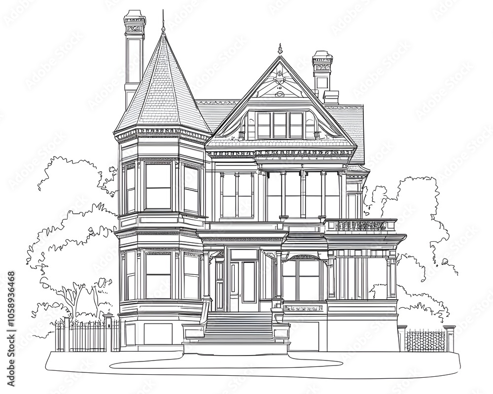 Minimalist Line Sketch of Historic Victorian Home with Intricate Details and Elegant Curves Minimalist Line Sketch of Historic Victorian Home with Intricate Details and Elegant Curves