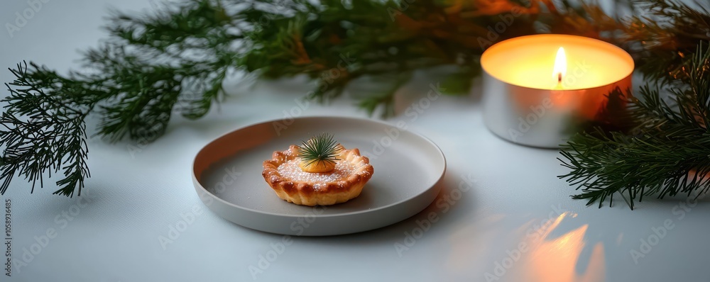 A simple Christmas table with a single plate holding a small festive pastry, surrounded by a minimalist arrangement of greenery and a softly glowing candle. A simple Christmas table with a single plate holding a small festive pastry, surrounded by a minimalist arrangement of greenery and a softly glowing candle.