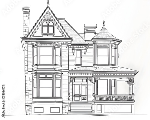 Minimalist Line Sketch of a Historic Victorian Home with Intricate Architectural Details