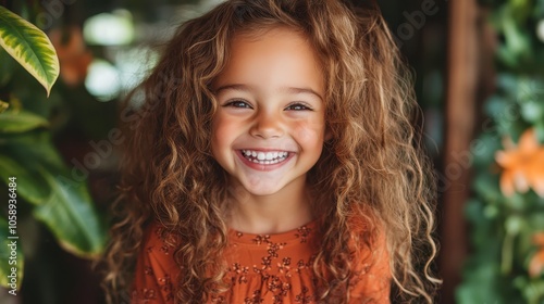 A delightful image of a smiling child with curly hair, basking in the sun while playing in a garden, embodying joy and the spirit of youthful exploration.