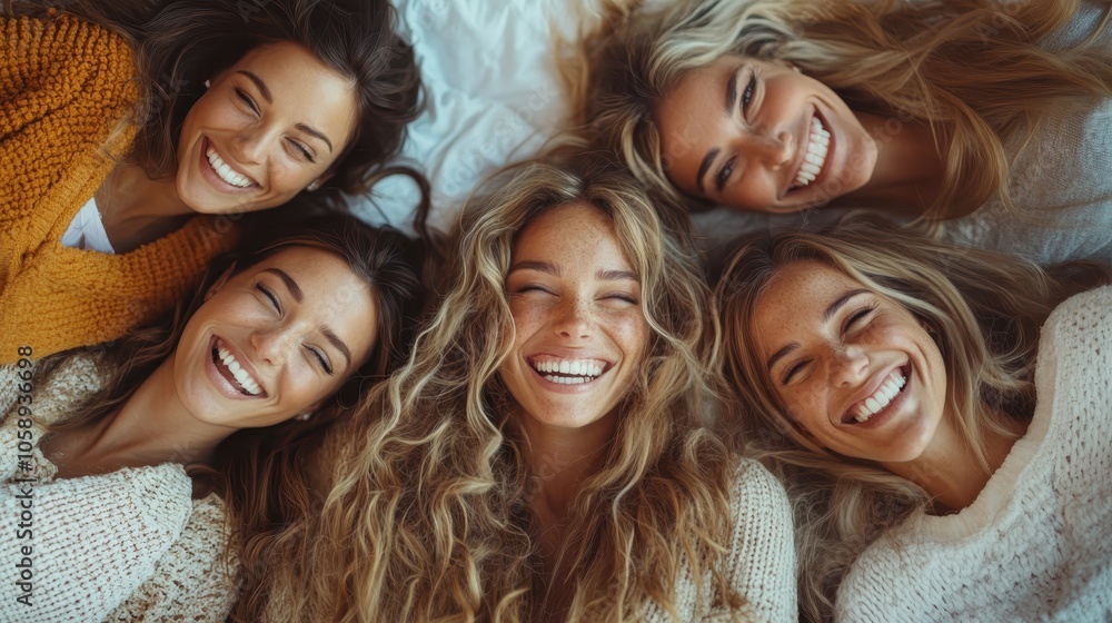 A group of five friends lie together on a bed, smiling widely, expressing their strong bond, warmth, and friendship in a cozy, heartfelt indoor environment. A group of five friends lie together on a bed, smiling widely, expressing their strong bond, warmth, and friendship in a cozy, heartfelt indoor environment.