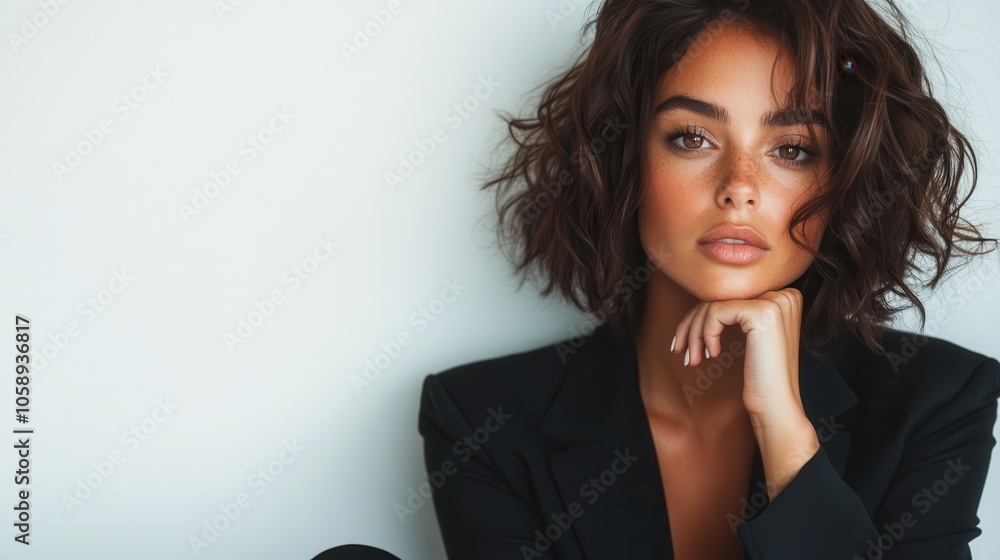 A woman presents an elegant yet modern look as she poses in a trendy black blazer, against a solid white background that enhances her sophisticated appearance. A woman presents an elegant yet modern look as she poses in a trendy black blazer, against a solid white background that enhances her sophisticated appearance.