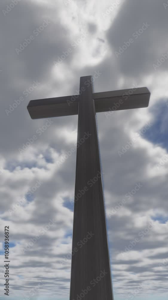 Flight 360 degrees of the cross against the backdrop of flying clouds. Time span. 3D rendering Flight 360 degrees of the cross against the backdrop of flying clouds. Time span. 3D rendering