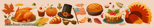 Thanksgiving Day. Happy autumn dinner. Turkey dishes, texture leaves, pilgrim hat, decorations, gifts, harvest and cake. Icon thank. Fall vacation pattern. Vector set isolated cartoon illustration
