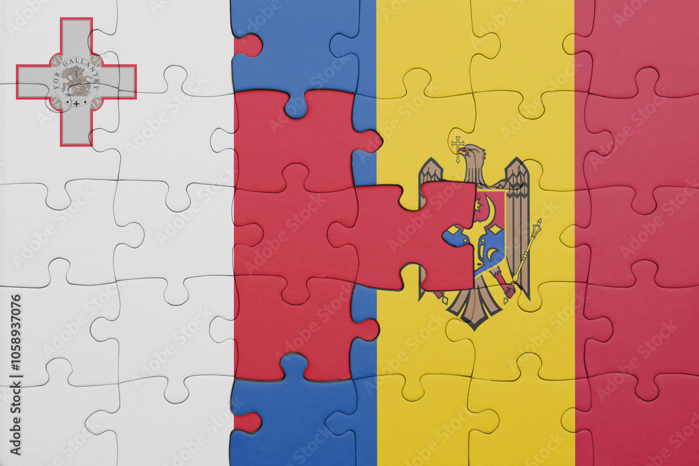 puzzle with the colourful national flag of malta and flag of moldova . puzzle with the colourful national flag of malta and flag of moldova .