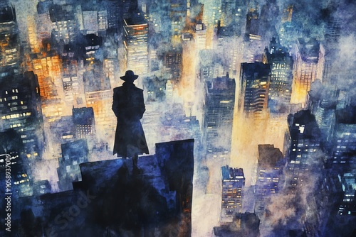 An enigmatic spy, half-hidden in the fog, rooftops of a dystopian city below, a shimmering blade reflecting the dim lights, watercolor style, lush texture, unexpected vantage point