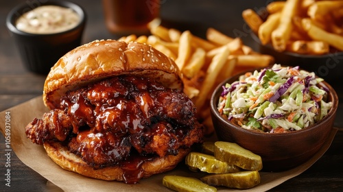 A juicy barbecue chicken sandwich sits deliciously on a plate, surrounded by crispy fries, creamy coleslaw, and crunchy pickles, creating a mouthwatering meal set. photo