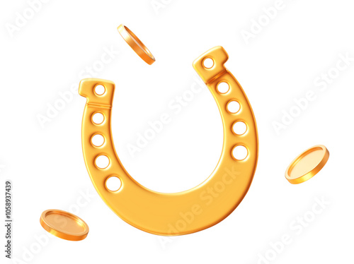 3d realistic golden horseshoe with flying coins. Stock vector illustration on isolated background.