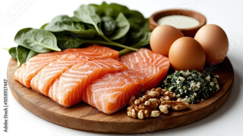 A fresh salmon fillet surrounded by raw ingredients like walnuts, eggs, and spinach, set against a dark backdrop emphasizing a healthy lifestyle choice.