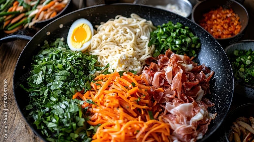 Various fresh ingredients including sliced meat, vegetables, noodles, and a halved egg are beautifully arranged in a large pan, ready for cooking a flavorful meal. Various fresh ingredients including sliced meat, vegetables, noodles, and a halved egg are beautifully arranged in a large pan, ready for cooking a flavorful meal.