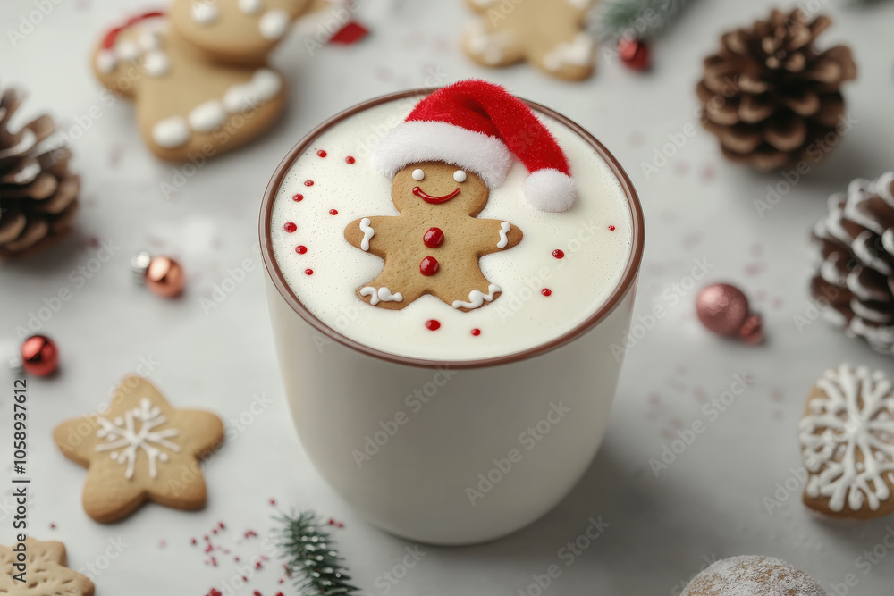 Taza de cerámica blanca vista desde arriba con espuma de café y una galleta de jengibre con forma de hombrecillo con gorro de Papá Noel, sobre mesa clara y adornos navideños Taza de cerámica blanca vista desde arriba con espuma de café y una galleta de jengibre con forma de hombrecillo con gorro de Papá Noel, sobre mesa clara y adornos navideños