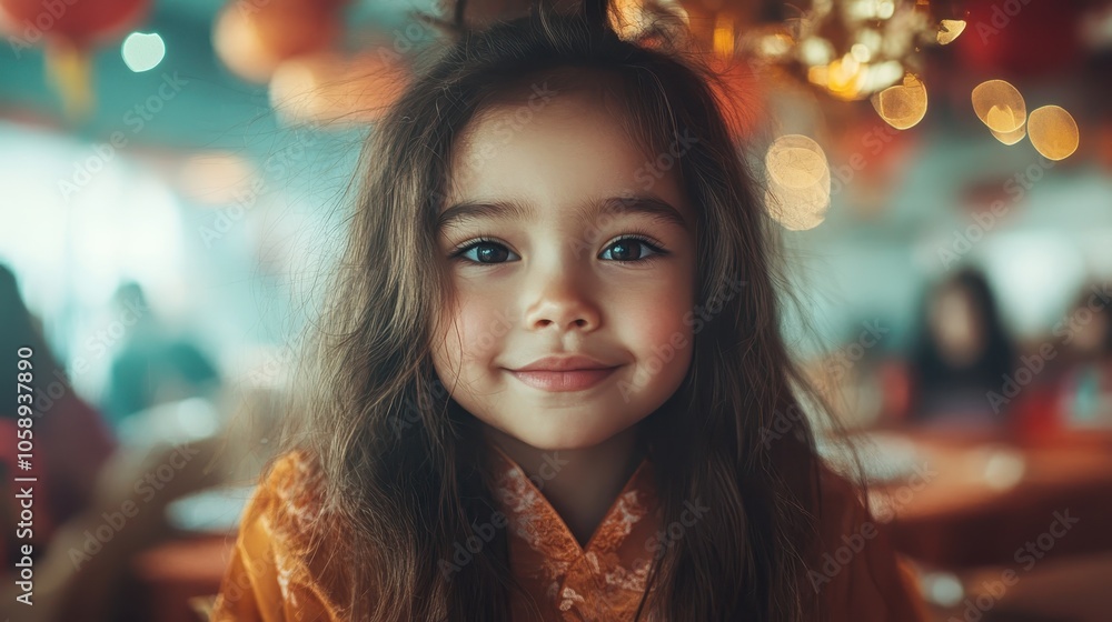 A happy young girl with long hair smiles at the camera, surrounded by warm festive lighting and wearing a red outfit, embodying joy and celebration. A happy young girl with long hair smiles at the camera, surrounded by warm festive lighting and wearing a red outfit, embodying joy and celebration.