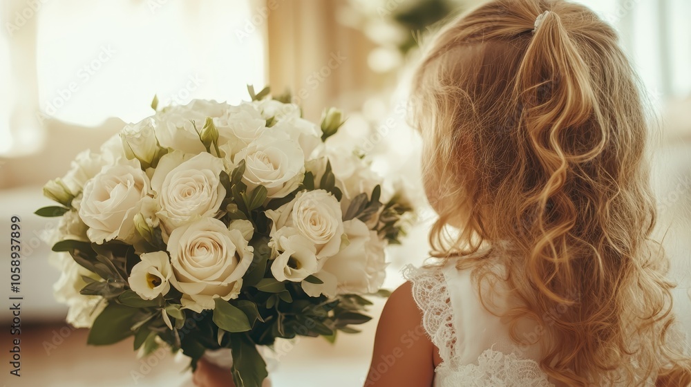 Naklejka premium A young child with blonde curls is holding a lush bouquet of white roses, facing away towards soft lighting, capturing a moment of gentle elegance and purity.