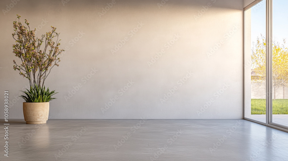 Modern empty room with large windows showcasing greenery on a bright sunny day Modern empty room with large windows showcasing greenery on a bright sunny day