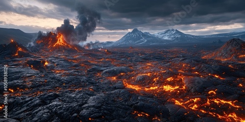 Vast stretches of tundra blanket the rugged volcanic terrain, characterized by hardened lava flows that spread over the landscape. photo