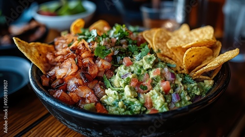 A delicious bowl showcasing vibrant, freshly prepared salsa and creamy guacamole, complemented by crunchy tortilla chips, set against a rustic wooden background.