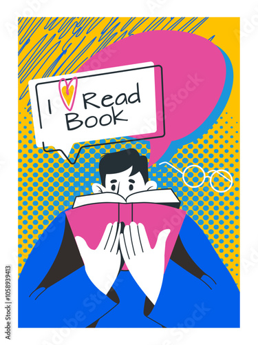 Love read. Man with book. Literature club. Bookcrossing card. Cartoon bookworm. Students education. Reader enjoying of novel. Bookstore or library banner. People hobbies. Dotted halftone vector poster