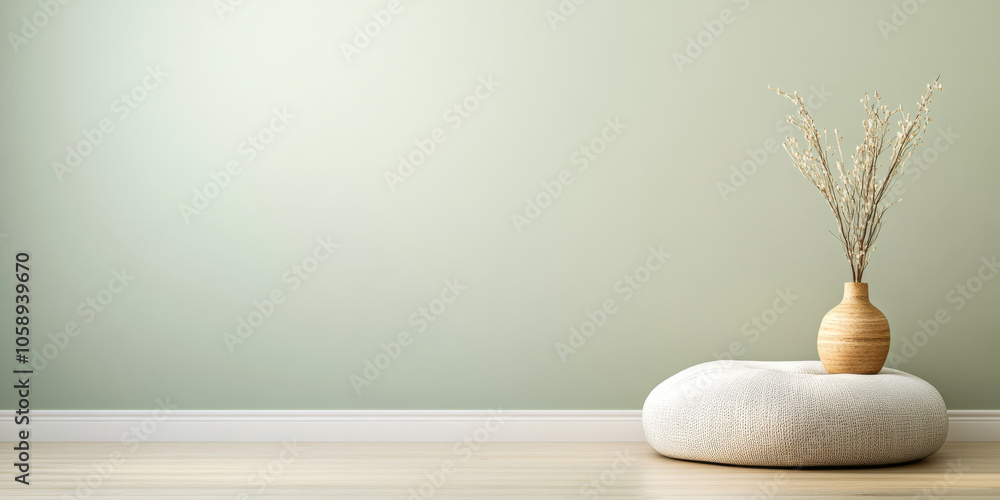 Minimalist interior design featuring a vase on a soft cushion in a serene green room Minimalist interior design featuring a vase on a soft cushion in a serene green room
