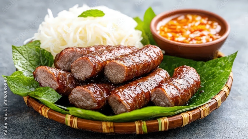 Vietnamese Grilled Pork Sausage Nem Ran Cha Gio with Vermicelli Noodles ...