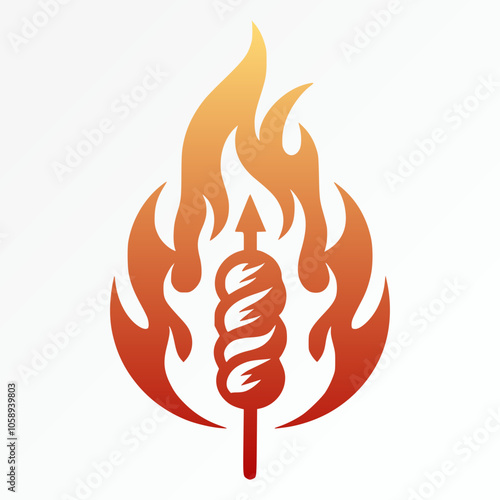 Bold logo for a barbecue joint, combining a flame and a meat skewer in fiery