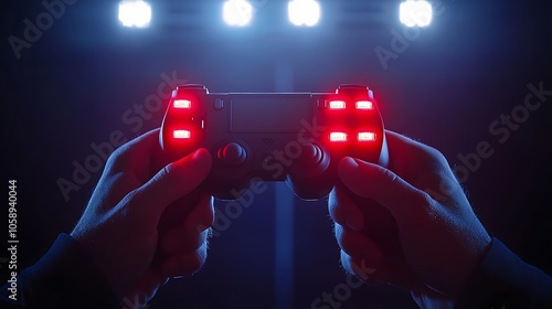 A pair of hands holding a gaming controller illuminated by red lights in a dark setting. photo