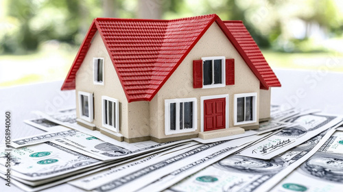 model house surrounded by dollar bills symbolizes real estate investment and financial growth. This captures essence of property ownership and monetary value