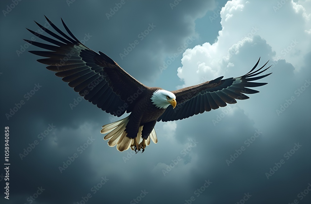 Obraz premium A majestic eagle soaring through a stormy sky, dramatic lighting, wildlife photography, 4k, realistic