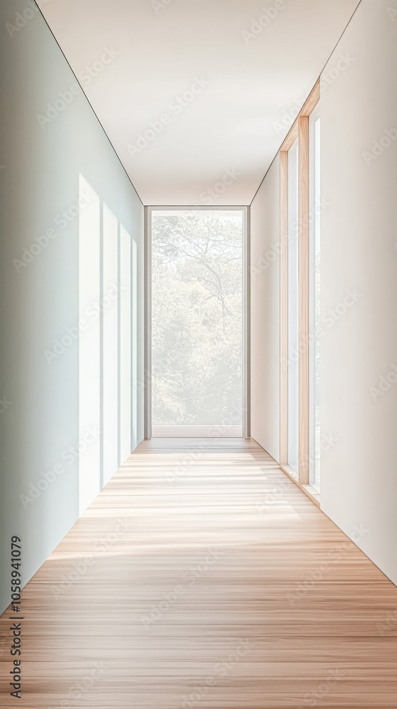 Fototapeta premium Bright modern hallway featuring wooden flooring and large windows in a minimalist design