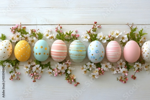 Colorful Easter eggs arranged on a rustic white wooden table with cherry blossom branches photo