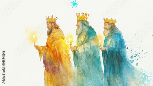 Three wise men with crowns and candles in a mystical setting, symbolizing hope and guidance during a starry night