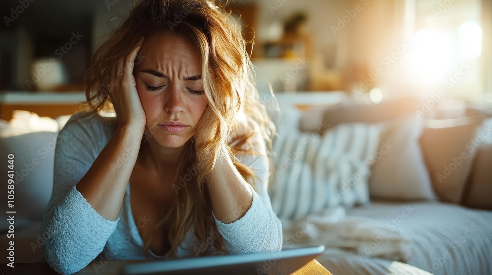 The woman sits in a warmly lit cozy room, visibly stressed and deep in thought as she looks at a tablet, creating an atmosphere of tension and contemplation. The woman sits in a warmly lit cozy room, visibly stressed and deep in thought as she looks at a tablet, creating an atmosphere of tension and contemplation.