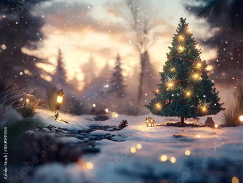 Winter Christmas Scene with Fairy Lights