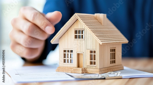 financial planner is pointing at wooden house model, symbolizing real estate investment and loan approval. This conveys professionalism and trust in financial services