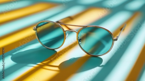 A modern artistic capture of stylish sunglasses resting on a bright, colorful background, accentuated by contrasting shadows and lines for added visual interest.