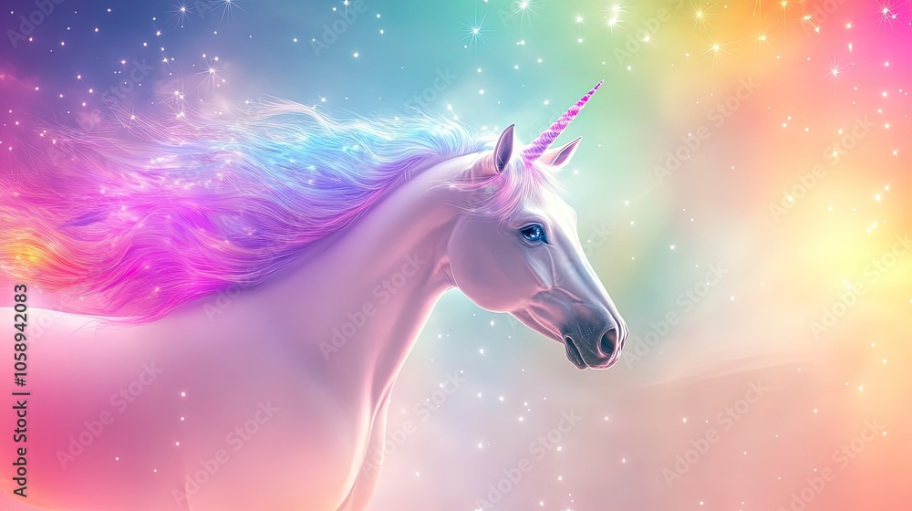 Fototapeta premium Rainbow unicorn fantasy background with stars and sparkles. Holographic illustration in pastel colors. Bright multicolored sky