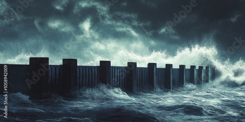 Silhouette of flood barriers designed to withstand storm surges, prominently displayed against the backdrop of a raging storm.