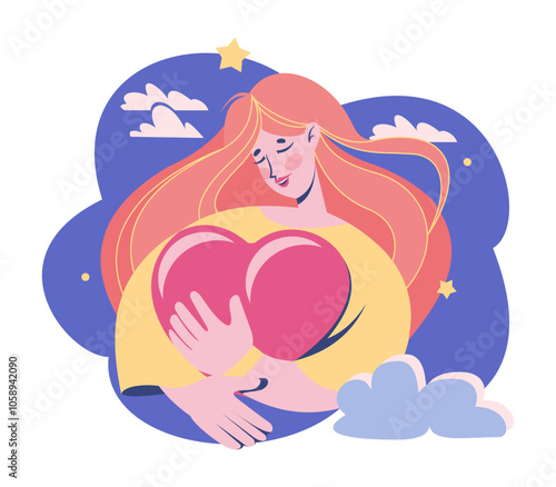 Dream cloud. Happy woman hugging love heart. Daydreaming cute girl. Cloudy sky. Inspiration and imagination. Mental wellness. Self esteem. Mind care and comfort. Positive expression. Vector concept