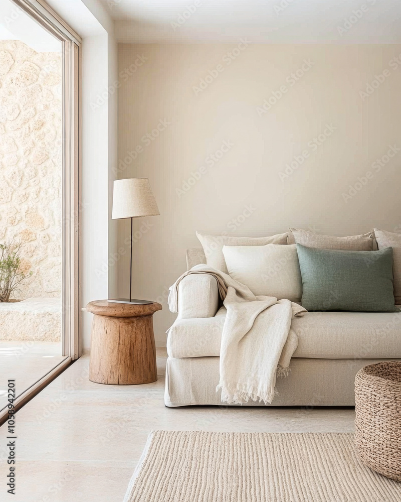 Cozy minimalist living room with natural light and neutral tones in a serene setting Cozy minimalist living room with natural light and neutral tones in a serene setting