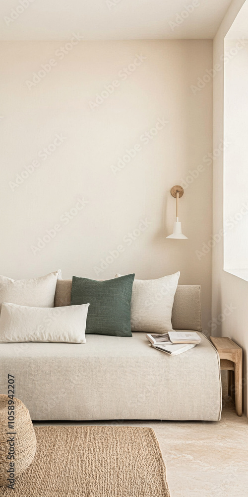 Fototapeta premium Cozy modern living space featuring a neutral-toned sofa with cushions and natural decor elements
