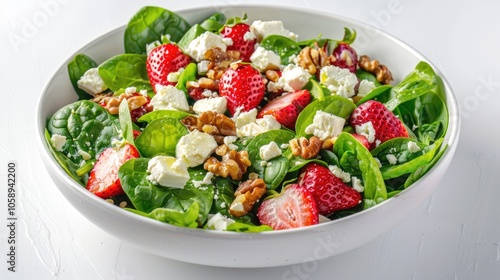 Healthy salad with spinach, strawberries, nuts, and feta cheese on white background.