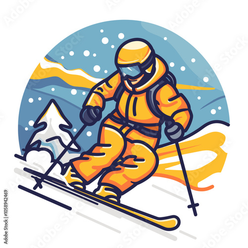 Man in a yellow jacket is skiing down a snowy slope. He is wearing a helmet and goggles for safety