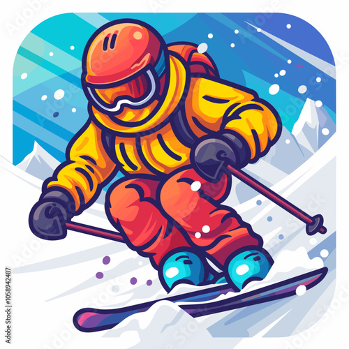 Man in a yellow jacket is skiing down a snowy slope. He is wearing a red jacket and orange pants