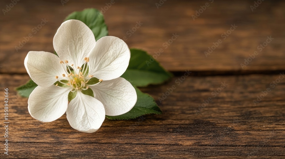 Close-up of a single white flower exuding apples scent, beautifully arranged on a wooden table, with ample copy space for text or design elements. Close-up of a single white flower exuding apples scent, beautifully arranged on a wooden table, with ample copy space for text or design elements.