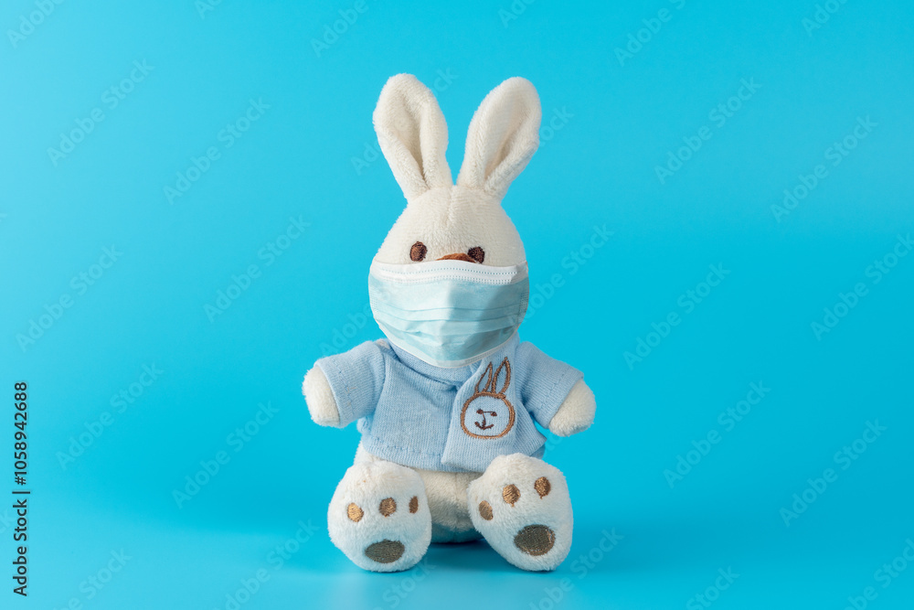 Obraz premium Creative composition with cute bunny doll with virus mask. Minimal Corona virus outbreak. Holiday concept.