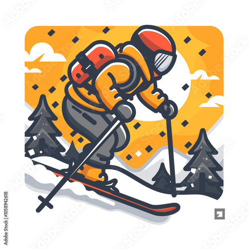 Cartoon skier is skiing down a snowy slope with a backpack on his back. The skier is wearing a yellow jacket and a red helmet. The scene is set in a wintery environment with trees in the background